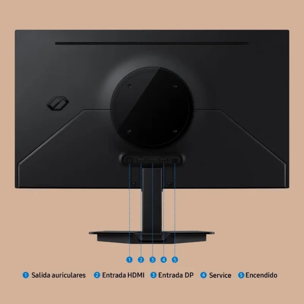 Samsung S27FG506SU QD OLED 27 pouces QHD 180 Hz, dos noir avec ports: casque, HDMI, DisplayPort, service, bouton d’alimentation sur le pied