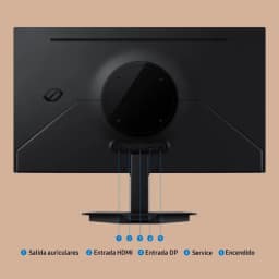 Samsung S27FG506SU QD OLED 27 pouces QHD 180 Hz, dos noir avec ports: casque, HDMI, DisplayPort, service, bouton d’alimentation sur le pied