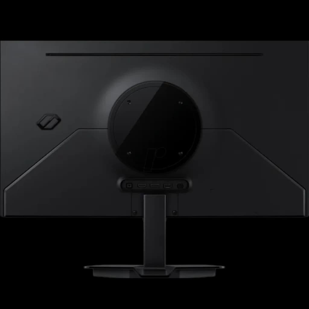Samsung S27FG506SU QD‑OLED 27 pouces vu de dos, châssis noir mat, pied central anguleux, connectique centrée sous le disque arrière, design gaming sobre