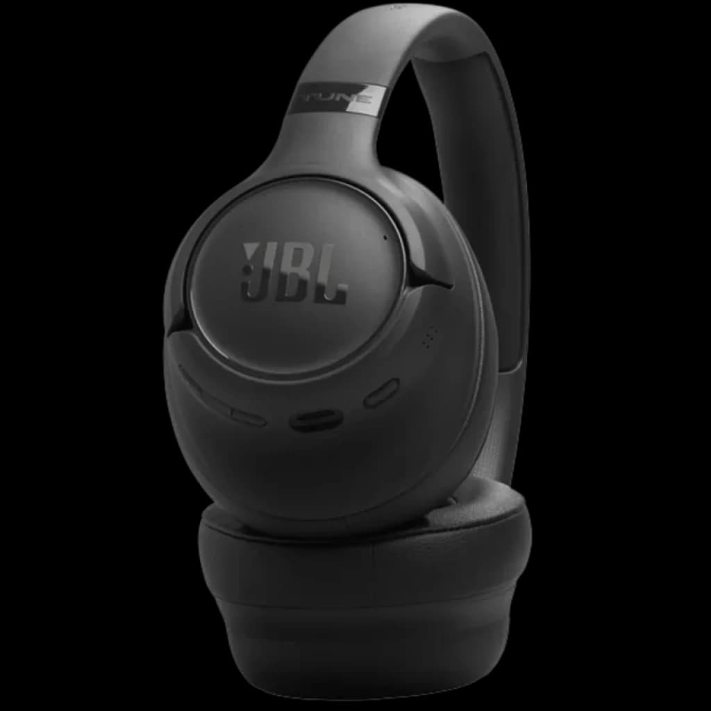 Auscultadores JBL Tune 730BT pretos, design circum-aural dobrável, almofadas acolchoadas, arco ajustável e botões laterais discretos