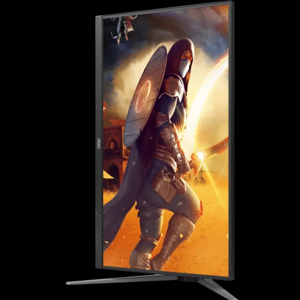 Monitor AOC G4 Q27G4SRU 27 polegadas em posição vertical, tela Fast IPS QHD com bordas finas, base em V metálica e imagem de jogo vibrante na tela