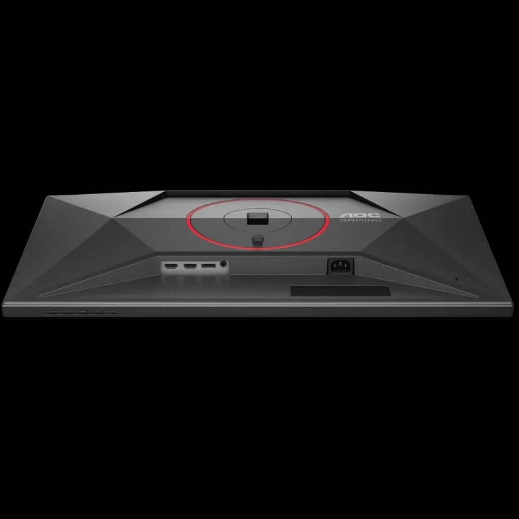 Parte traseira do AOC G4 Q27G4SRU: painel preto angular com anel vermelho, suporte VESA central, portas HDMI e DisplayPort, grelha de ventilação e entrada de