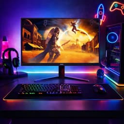 Monitor AOC G4 Q27G4SRU 27 Fast IPS QHD com bordas finas, base em V metálica e iluminação RGB; exibe jogo vibrante com cores intensas e alta nitidez