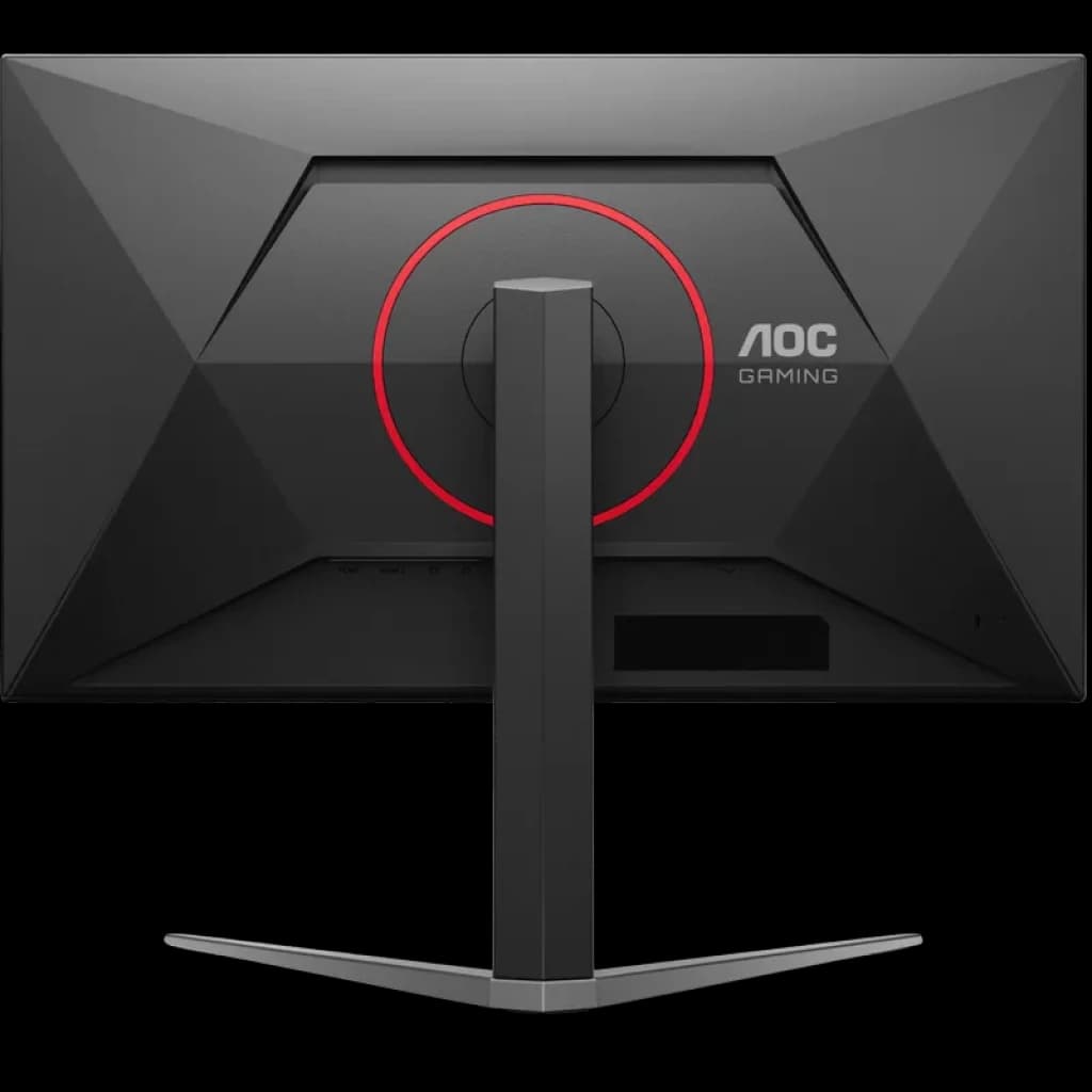 Traseira do monitor AOC G4 Q27G4SRU preto com aro vermelho, suporte em V robusto e ajuste vertical, design angular gamer e entradas ocultas