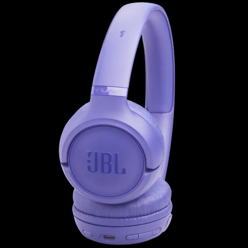 Casque JBL Tune 530BT lilas supra auriculaire, arceau rembourré, coussinets doux, boutons latéraux et port USB C visibles, design pliable élégant