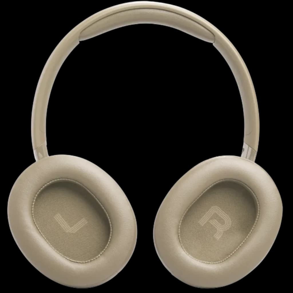 JBL Tune 730BT Bluetooth 6.0 em bege, auscultadores circum-aurais sem fios com conchas ovais acolchoadas e indicação L/R visível, arco ajustável elegante