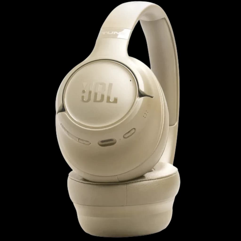 Auscultadores JBL Tune 730BT bege, design circum-aural acolchoado, conchas arredondadas com logotipo JBL e botões laterais discretos