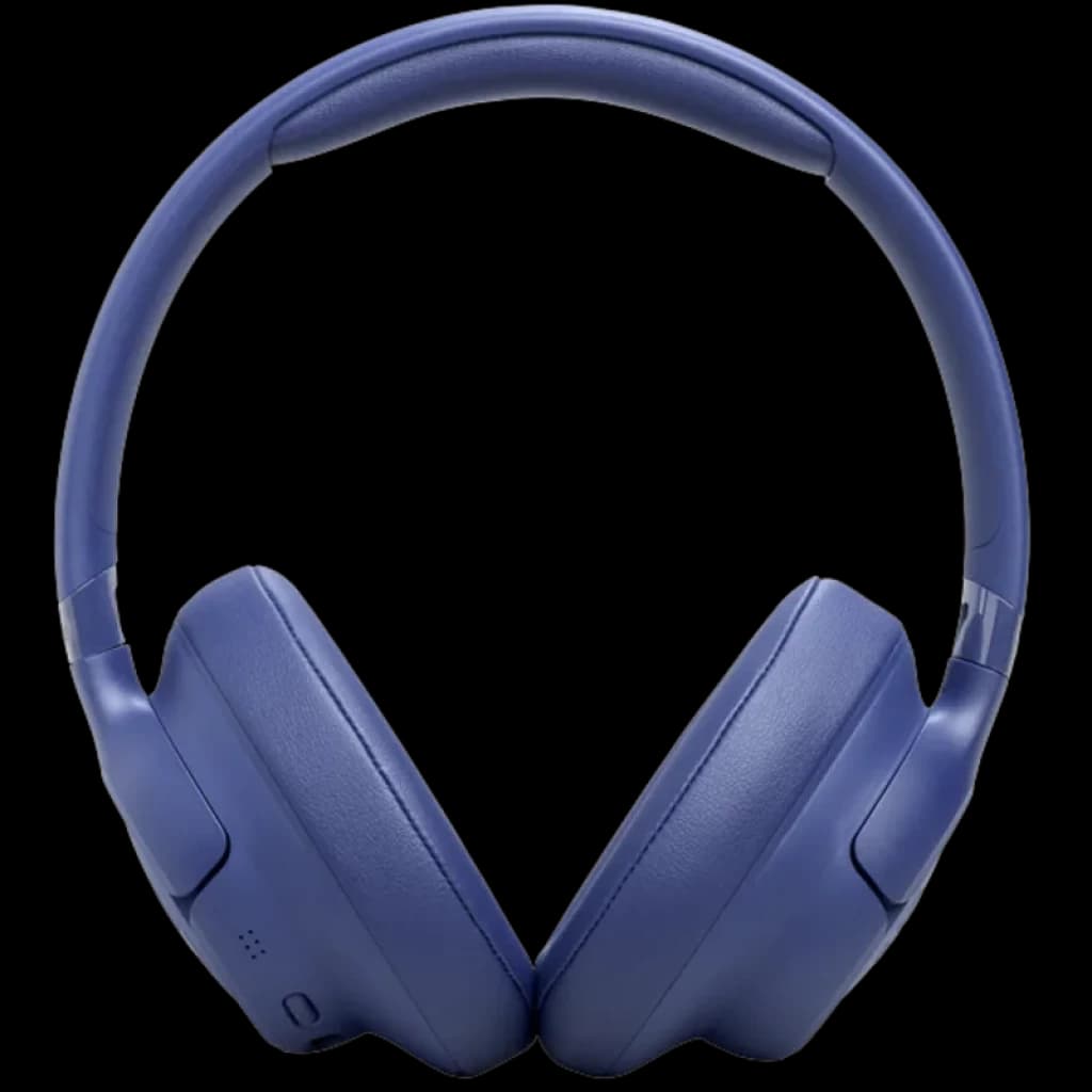 JBL Tune 730BT azul com aro acolchoado, conchas circum-aurais grandes e botões laterais discretos; design dobrável sem fios para conforto prolongado