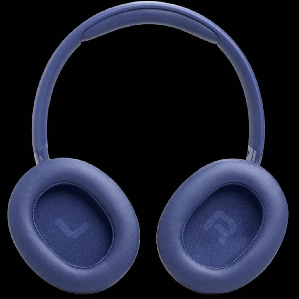JBL Tune 730BT azul com arco acolchoado e conchas circum-aurais ovais, almofadas macias com marcações L e R, design sem fios elegante e moderno