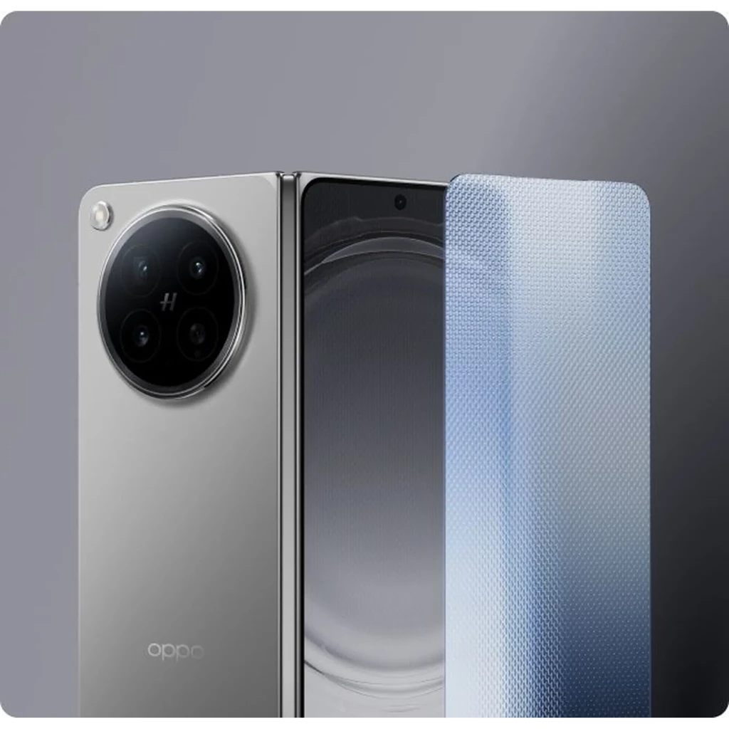 Oppo Find N6 5G titane stellaire avec écran pliable large, module photo circulaire triple Hasselblad, caméra frontale centrée, finition métal élégante - Ítem5