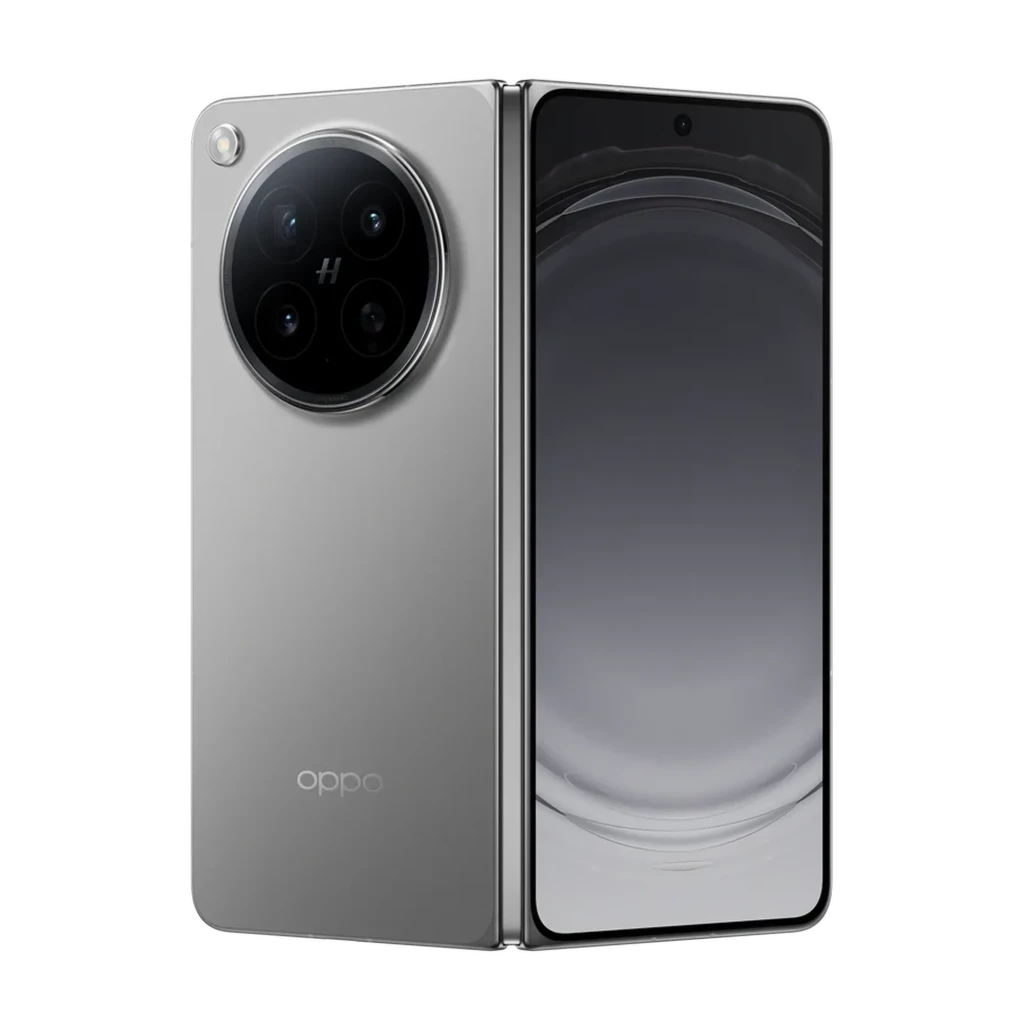 Oppo Find N6 5G titane stellaire avec écran pliable large, module photo circulaire triple Hasselblad, caméra frontale centrée, finition métal élégante - Ítem1