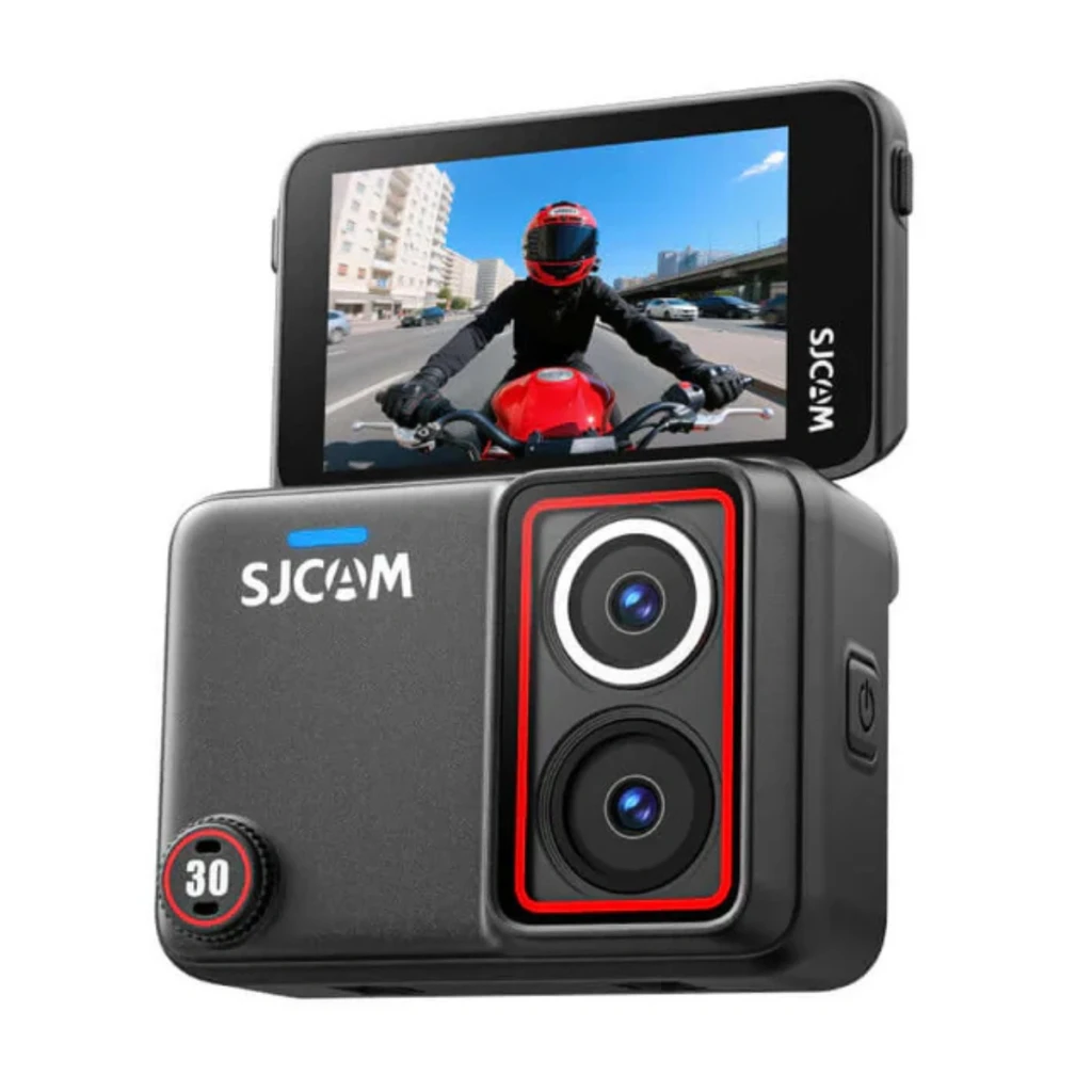 SJCAM SJ30 Charging Kit 8K Lente Dual Starlight con empuñadura y cable en espiral, módulo dual con aro rojo, soporte articulado y cuerpo compacto negro - Ítem4