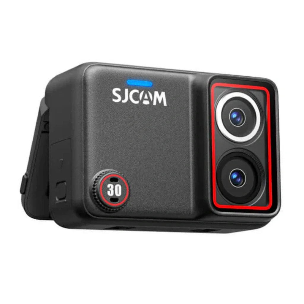 SJCAM SJ30 Charging Kit 8K Lente Dual Starlight con empuñadura y cable en espiral, módulo dual con aro rojo, soporte articulado y cuerpo compacto negro - Ítem2