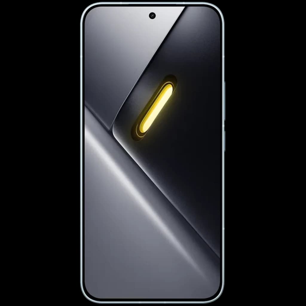 Xiaomi Poco X8 Pro Max 5G azul con pantalla completa casi sin bordes, cámara frontal en orificio centrado y detalle amarillo en módulo trasero estilizado