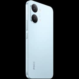 Smartphone azul con acabado mate, bordes planos, dos cámaras traseras grandes en módulos circulares, flash discreto y logo POCO en la parte inferior izquierda