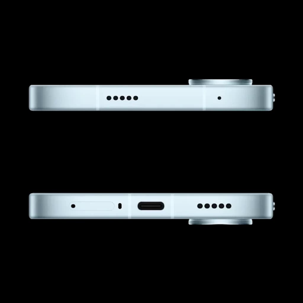 Bordes planos en color azul hielo con puerto USB-C centrado, ranura SIM, rejillas de altavoz y gran módulo de cámara trasero sobresaliente en el Xiaomi Poco