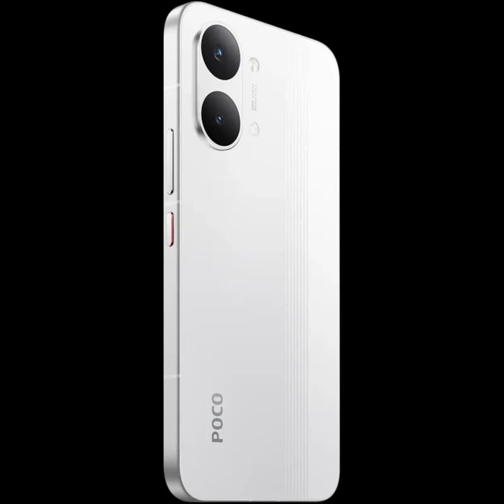 Xiaomi Poco X8 Pro Max 5G blanco con dos cámaras traseras grandes, acabado mate con líneas sutiles, marco delgado y botón lateral rojo distintivo