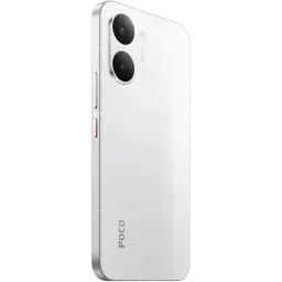 Xiaomi Poco X8 Pro Max 5G blanco con dos cámaras traseras grandes, acabado mate con líneas sutiles, marco delgado y botón lateral rojo distintivo
