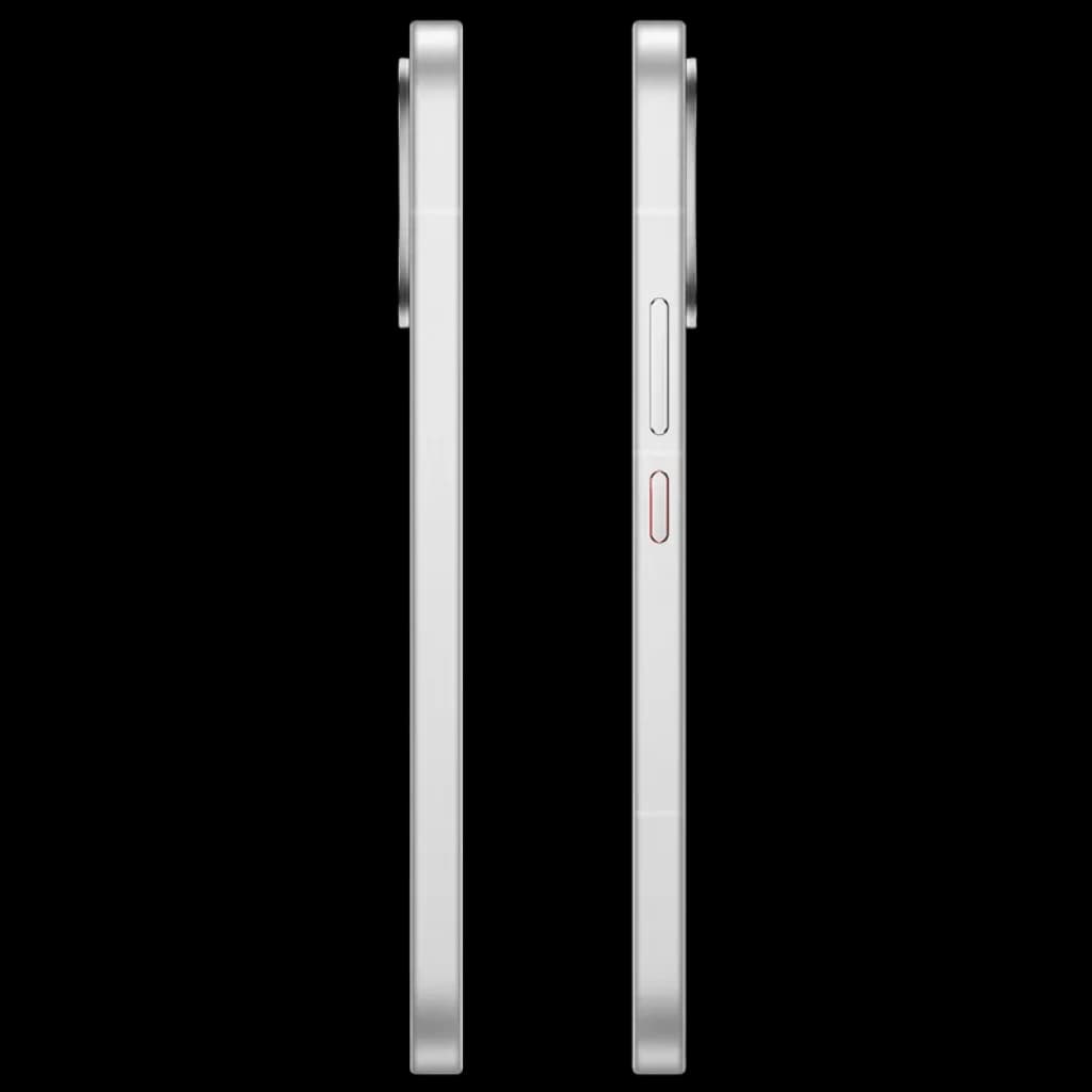 Xiaomi Poco X8 Pro Max 5G blanco, marco metálico plano plateado, botones laterales con acento rojo y módulo de cámara trasera prominente, diseño delgado