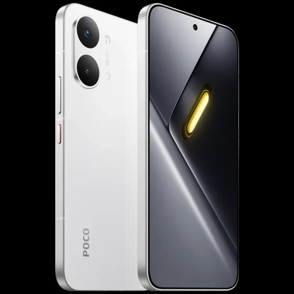Xiaomi Poco X8 Pro Max 5G blanco con pantalla 120Hz casi sin bordes, cámara dual trasera grande, módulo LED vertical y acabado mate elegante