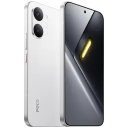 Xiaomi Poco X8 Pro Max 5G blanco con pantalla 120Hz casi sin bordes, cámara dual trasera grande, módulo LED vertical y acabado mate elegante
