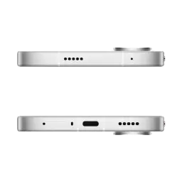 Xiaomi Poco X8 Pro Max 5G blanco con bordes planos, marco metálico plateado, cámara trasera con aro saliente, USB-C, altavoces duales y ranura SIM