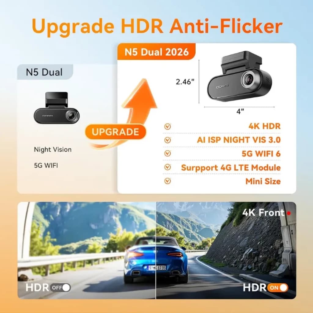 DDPAI N5 Dual 2026 2CH 4K, HDR anti-flicker, visão noturna, Wi-Fi 6, mini size, lente frontal 4K, dupla câmara para carro