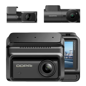 DDPAI Z90 3CH 4K - Cámara principal 4K con pantalla, cámara trasera compacta y cámara interior; diseño negro, lentes gran angular y cuerpo robusto