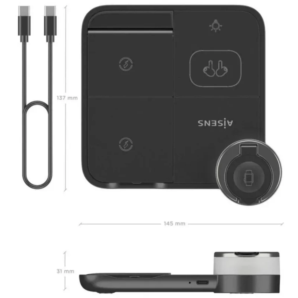 Aisens ASCH-15W4WC062-W Carregador sem fios 4 em 1 de 15 W com Qi, Preto - Item4