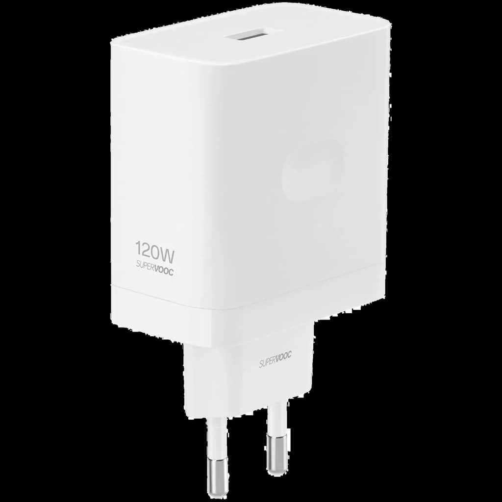 OnePlus SUPERVOOC 120 W - Carregador branco compacto com porta USB-C superior, pinos europeus, logotipo lateral e marcação 120W visível na base