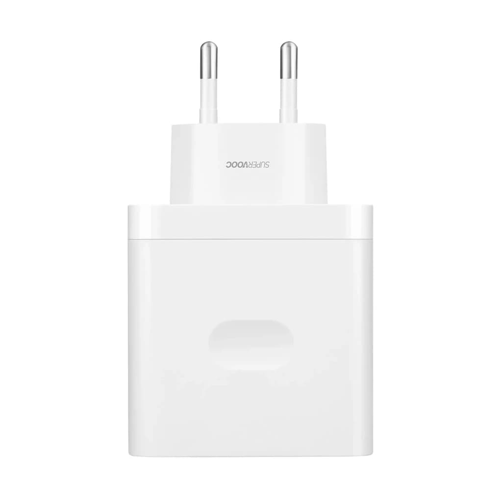 OnePlus SUPERVOOC 120 W - Carregador branco compacto com pinos europeus e logotipo SUPERVOOC, design minimalista e acabamento liso