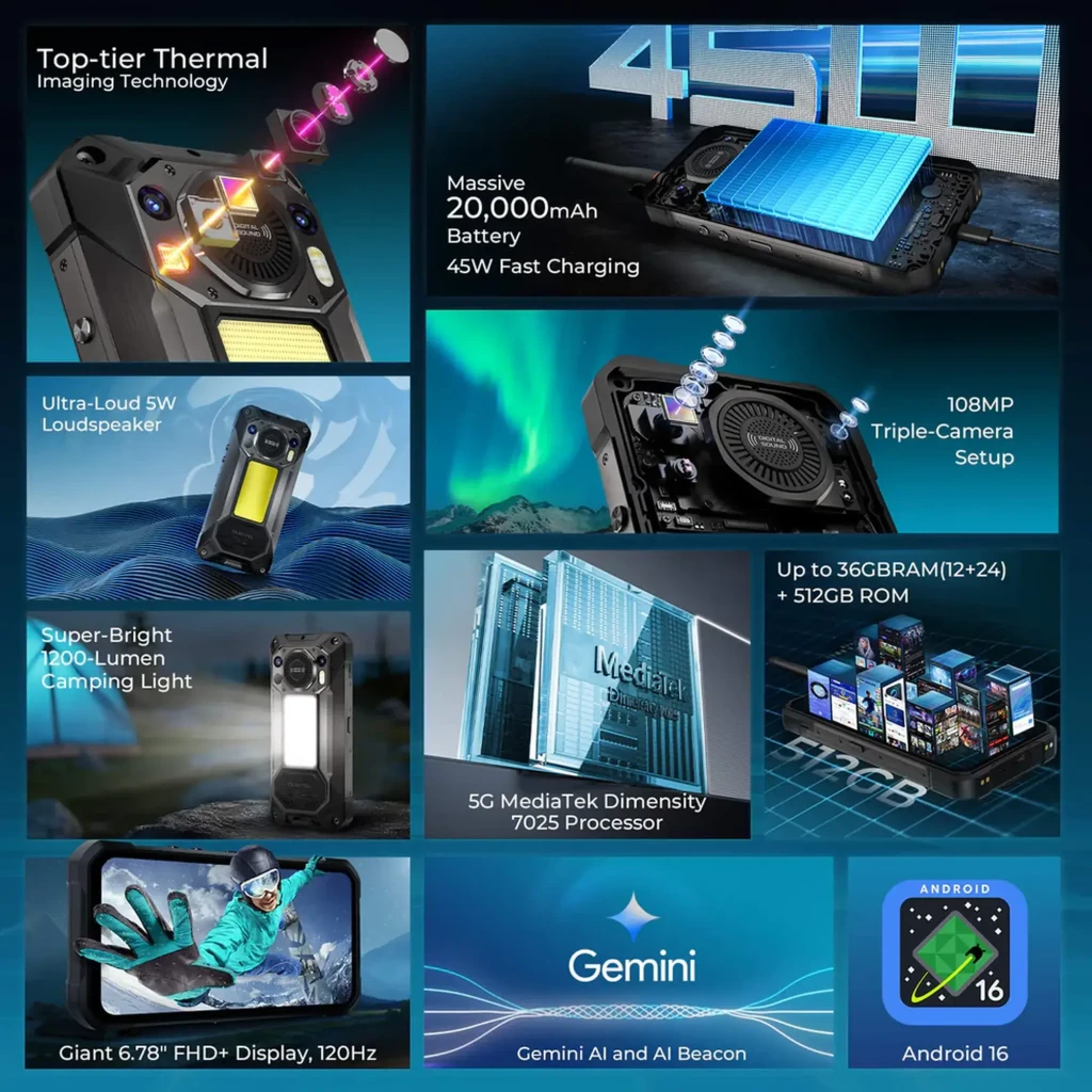 Oukitel WP61 Ultra resistente con cámara térmica, linterna trasera grande, cuerpo robusto negro, pantalla con visor térmico y módulos de cámara prominentes - Ítem1