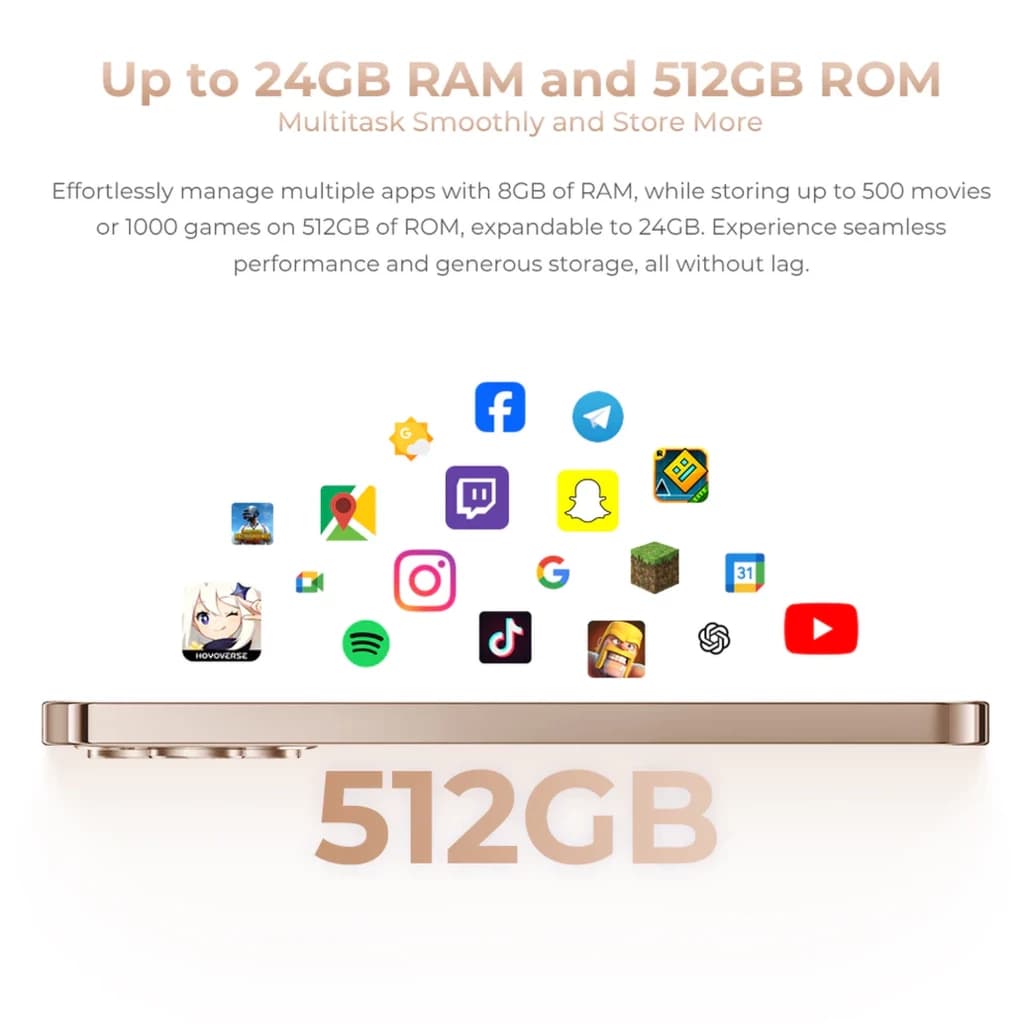 Oukitel P1 Pro violet fin, tranche dorée, icônes dapps flottantes, texte 24 Go RAM et 512 Go ROM, grand 512GB en 3D au bas de limage