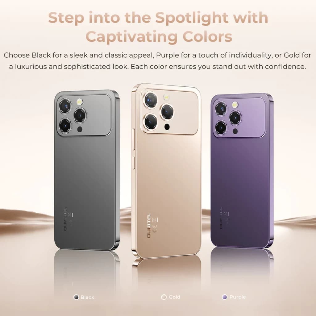 Smartphone Oukitel P1 Pro violet, dos mat élégant avec triple capteur proéminent et modules brillants, bords plats en aluminium, style premium moderne