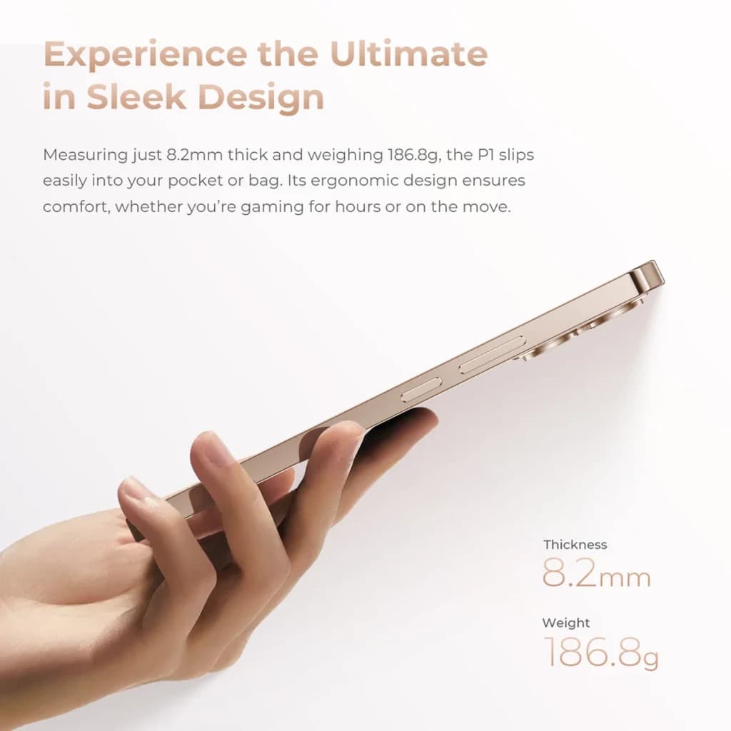 Profil latéral fin du Oukitel P1 Pro violet, 8,2 mm d’épaisseur, cadre lisse avec boutons et tiroir SIM visibles, design ergonomique léger 186,8 g