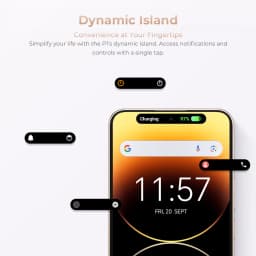 Écran du Oukitel P1 Pro violet avec encoche Dynamic Island, notifications flottantes, indicateur de charge 97 %, bordures fines et horloge centrale élégante