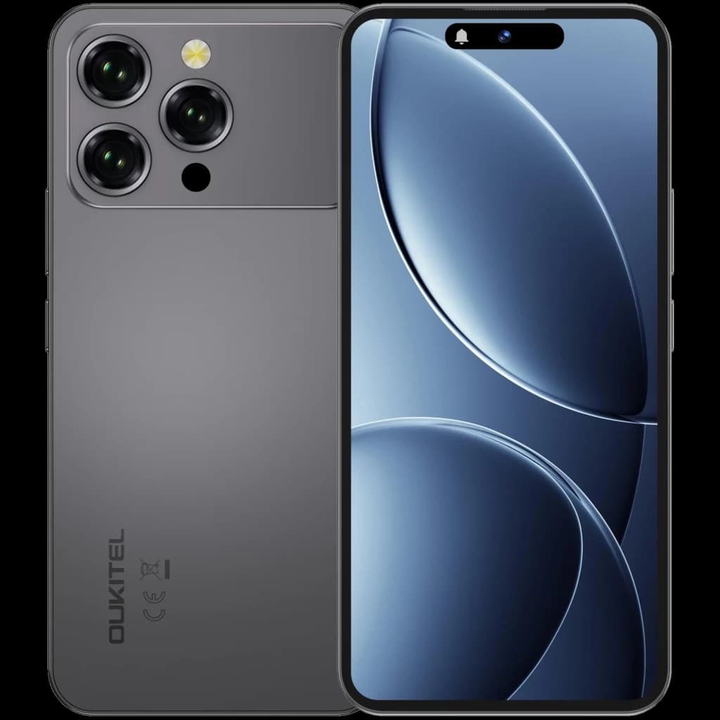 Oukitel P1 Pro noir avec grand écran AMOLED, triple module photo arrière proéminent et îlot frontal pour caméra 32 Mpx, design épuré et moderne