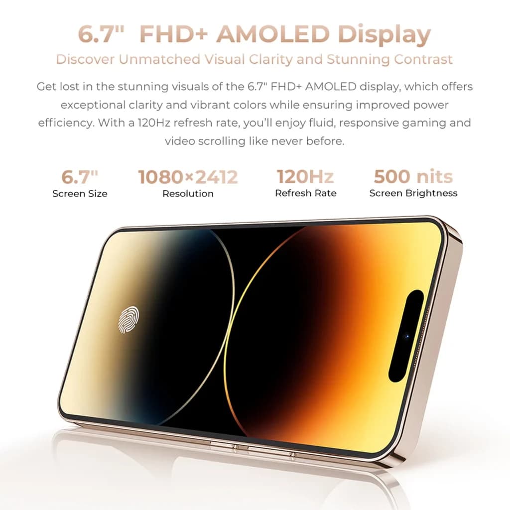 Écran AMOLED FHD+ 6,7 pouces aux bords fins, couleurs vives et contraste élevé, 120 Hz fluide, 500 nits, lecteur d’empreintes affiché à l’écran