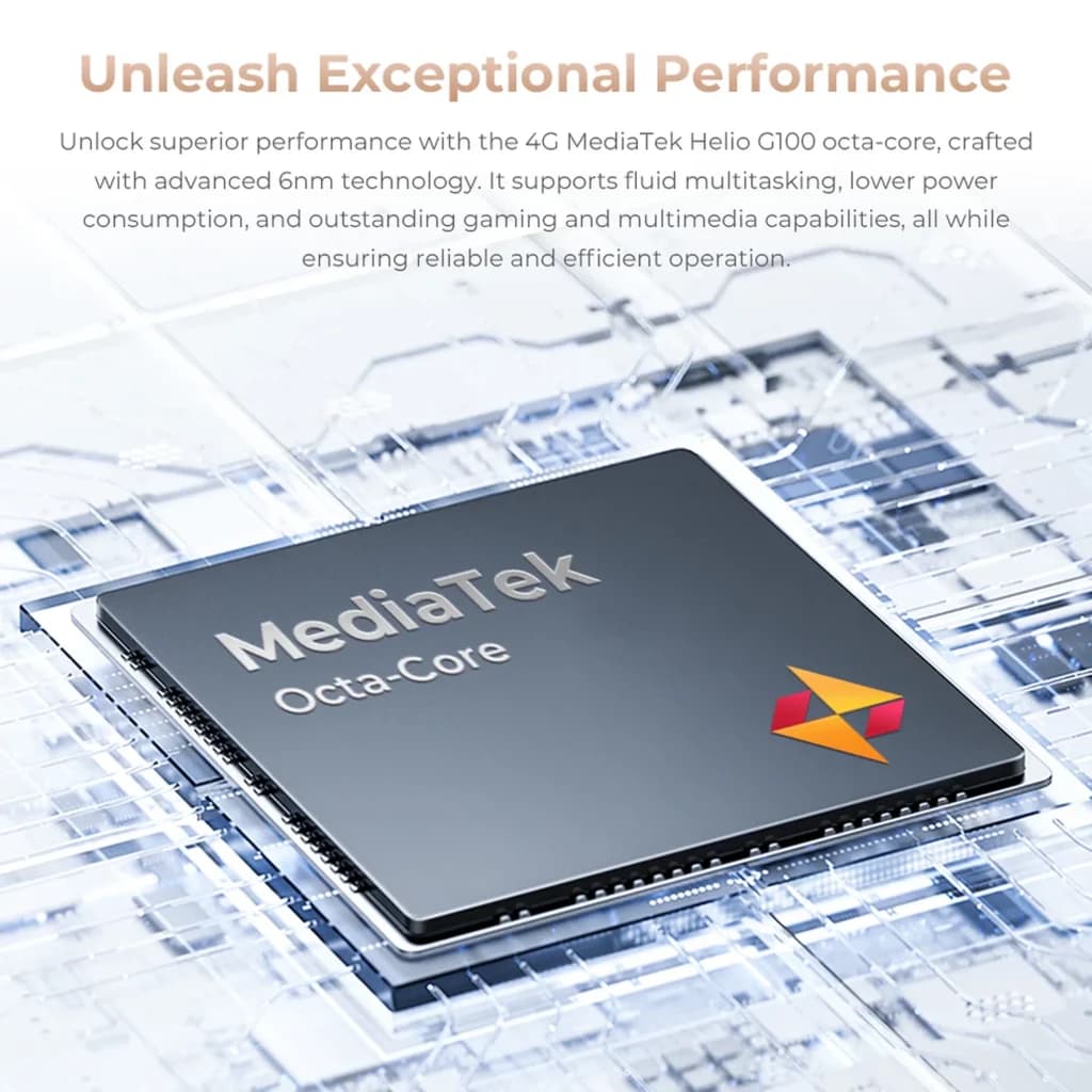 Puce MediaTek Helio G100 octa core sur carte mère high tech, gravure 6 nm, design métallique précis, symbole coloré, circuits fins et reflets argentés