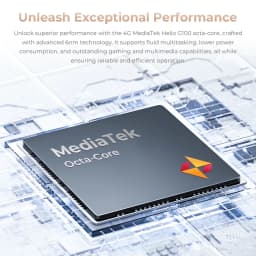 Puce MediaTek Helio G100 octa core sur carte mère high tech, gravure 6 nm, design métallique précis, symbole coloré, circuits fins et reflets argentés