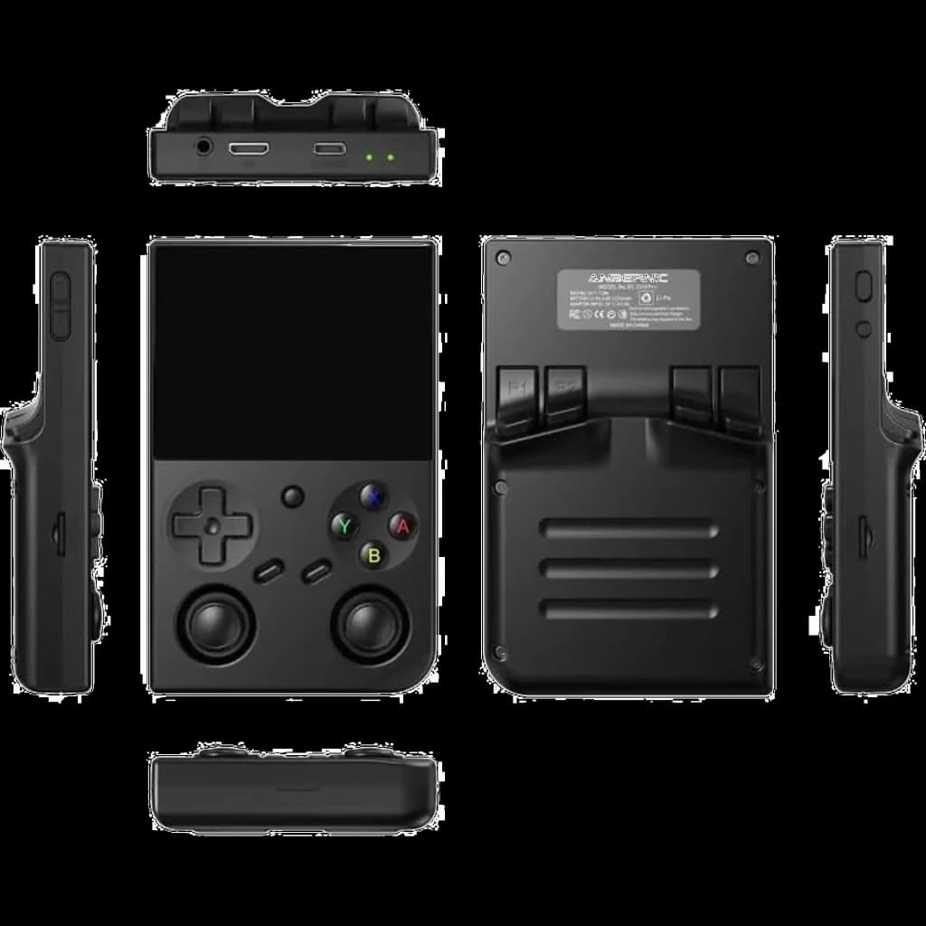 Consola portátil Anbernic RG35XX Pro 64GB Negro con carcasa negra, doble joystick, cruceta, botones ABXY, gatillos traseros y puertos USB y audio en los bordes