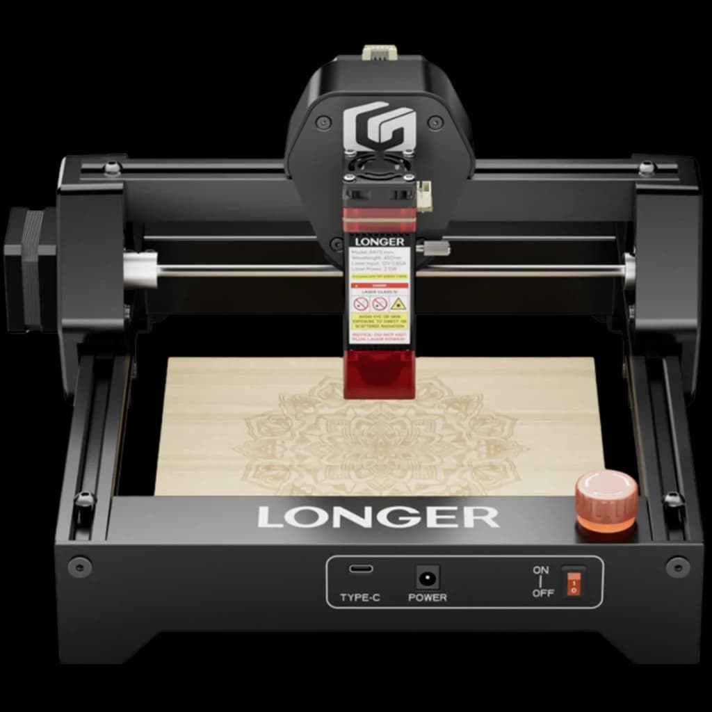 LONGER RAY 5 Mini 2.5W grabadora láser compacta con punto comprimido 0.04 mm, módulo rojo, marco metálico negro, panel frontal con USB-C, botón y Wi‑Fi
