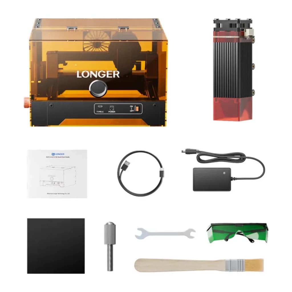 LONGER RAY5 mini S 3,5 W avec boîtier ambré, module laser 0,04 mm, lunettes vertes, alimentation, câble, clé, brosse, manuel, plaque et embout