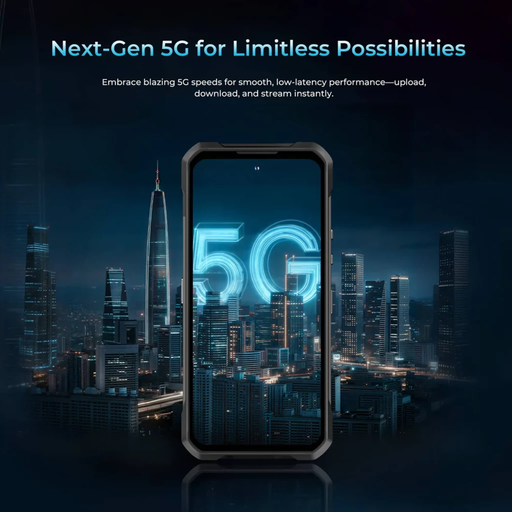 Oukitel WP61 robusto con carcasa negra reforzada, gran pantalla frontal, módulo trasero con LED amplio, cámara múltiple y altavoz circular integrado - Ítem6