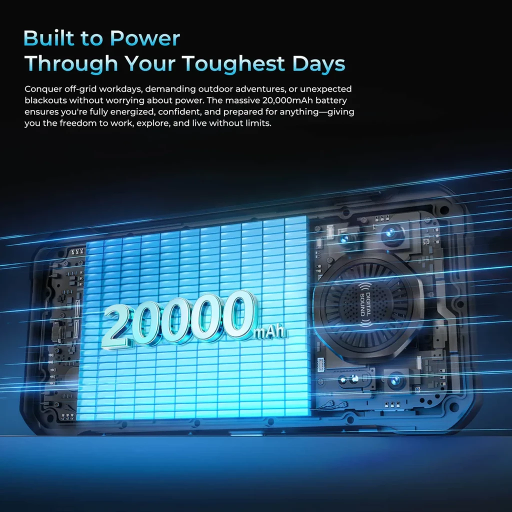 Oukitel WP61 robusto con carcasa negra reforzada, gran pantalla frontal, módulo trasero con LED amplio, cámara múltiple y altavoz circular integrado - Ítem7