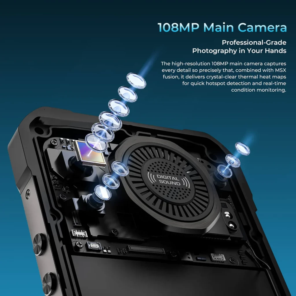 Oukitel WP61 robusto con carcasa negra reforzada, gran pantalla frontal, módulo trasero con LED amplio, cámara múltiple y altavoz circular integrado - Ítem4