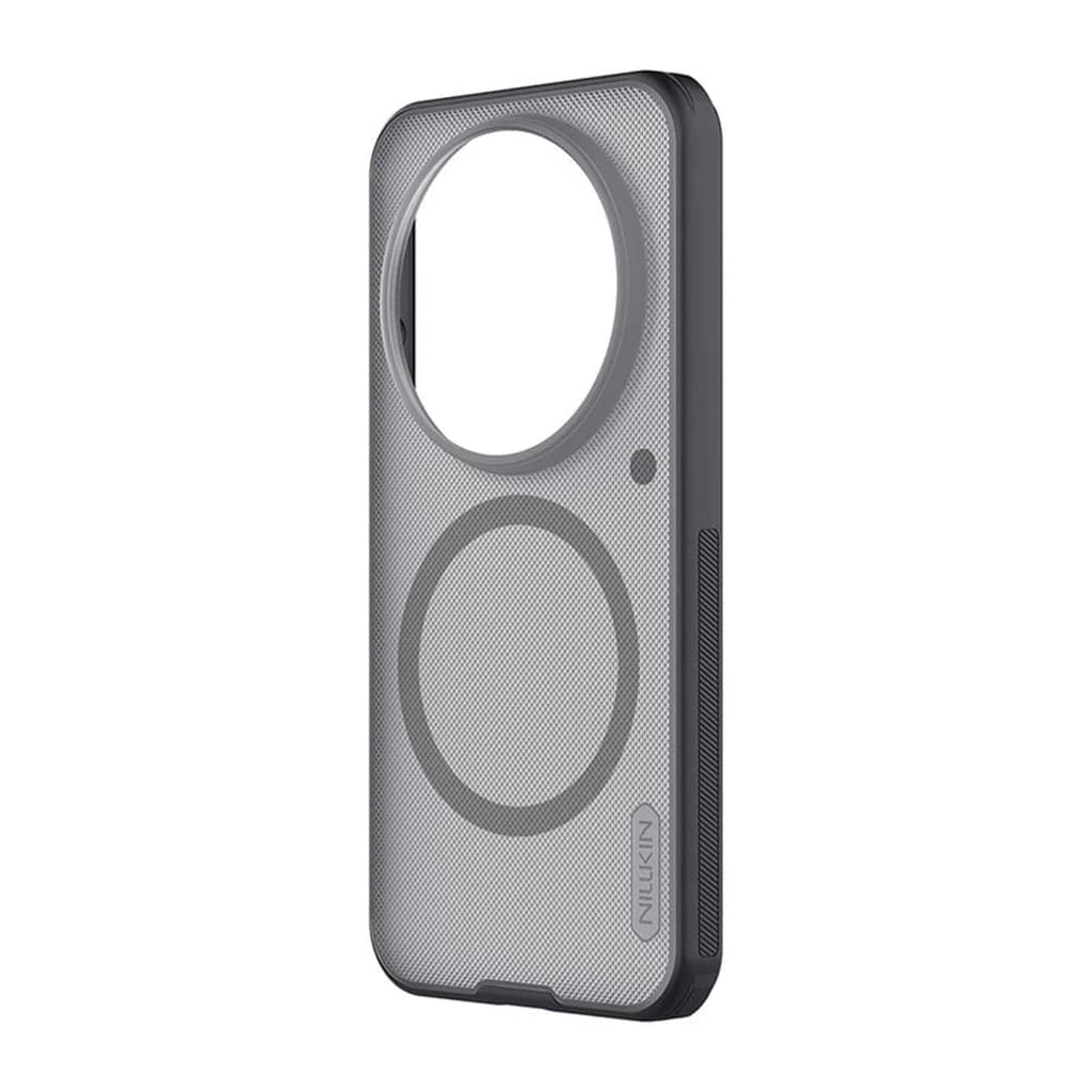 Coque magnétique Nillkin Super Frosted Shield Pro pour Xiaomi 17 Ultra, dos transparent noir texturé, anneau MagSafe, grand anneau caméra, bords