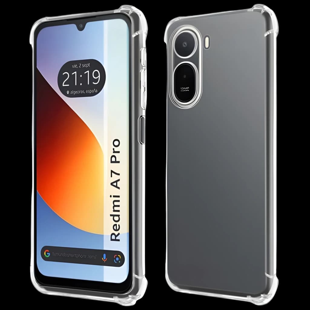 Funda de silicona transparente con esquinas reforzadas, bordes elevados y corte preciso para cámara; compatible con Xiaomi Redmi A7 Pro y Poco C81 Pro