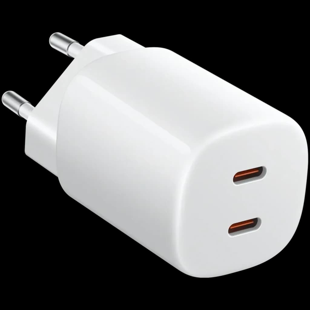 Xiaomi 45W Nano Turbo Carregador 2-Portas em branco, compacto, com duas saídas USB-C laranja e pinos europeus, design minimalista e acabamento brilhante