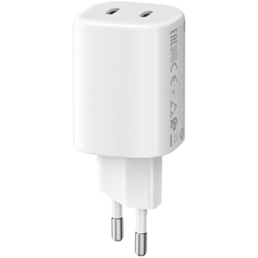 Xiaomi 45W Nano Turbo Cargador 2‑Puertos, cuerpo compacto blanco con clavija europea y dos puertos USB‑C anaranjados, diseño minimalista y portátil - Ítem1